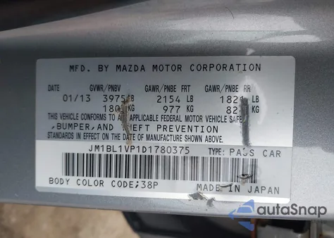 2013 Mazda Mazda3 I Touring z USA, uszkodzony, nr VIN JM1BL1VP1D1780375